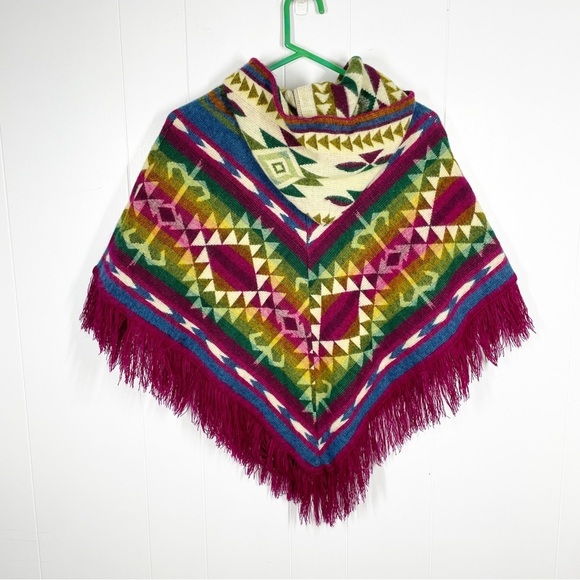 Multi Color Striped Geometric Design Fringe Poncho Sweater - One Size - Picture 2 of 4